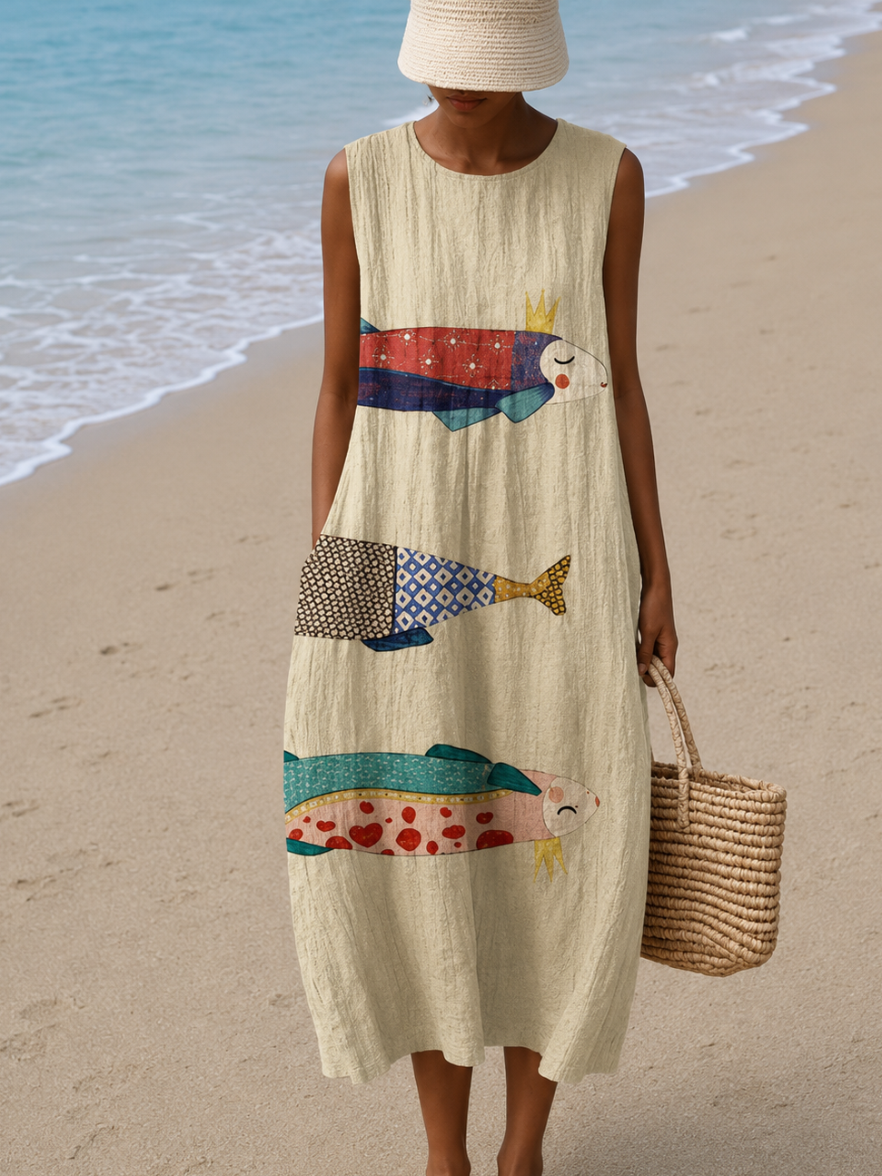 Adriana - Robe Midi de Plage Imprimée Sans Manches et Coupe Ample
