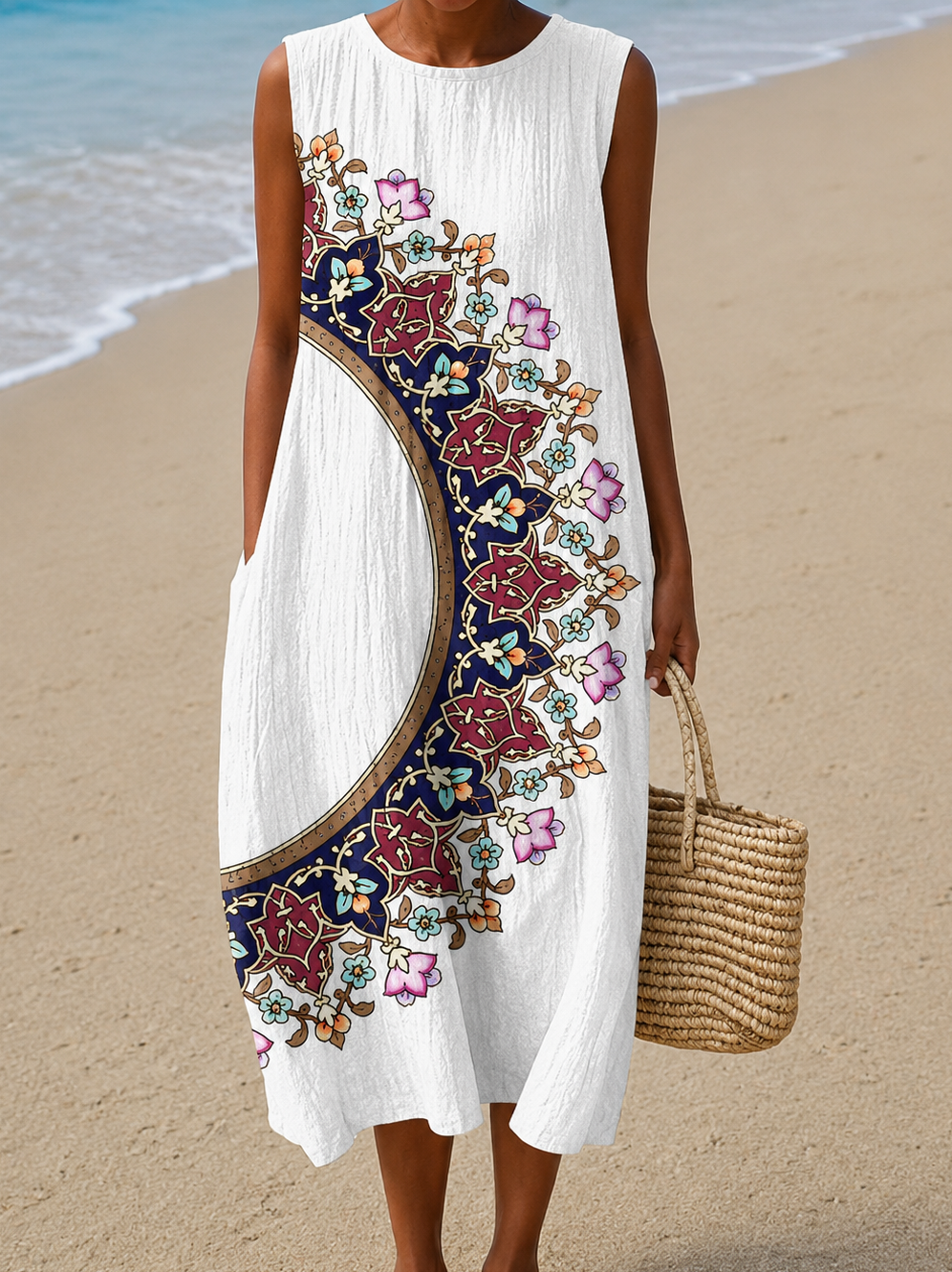 Paula - Robe Midi de Plage Imprimée Sans Manches et Coupe Ample