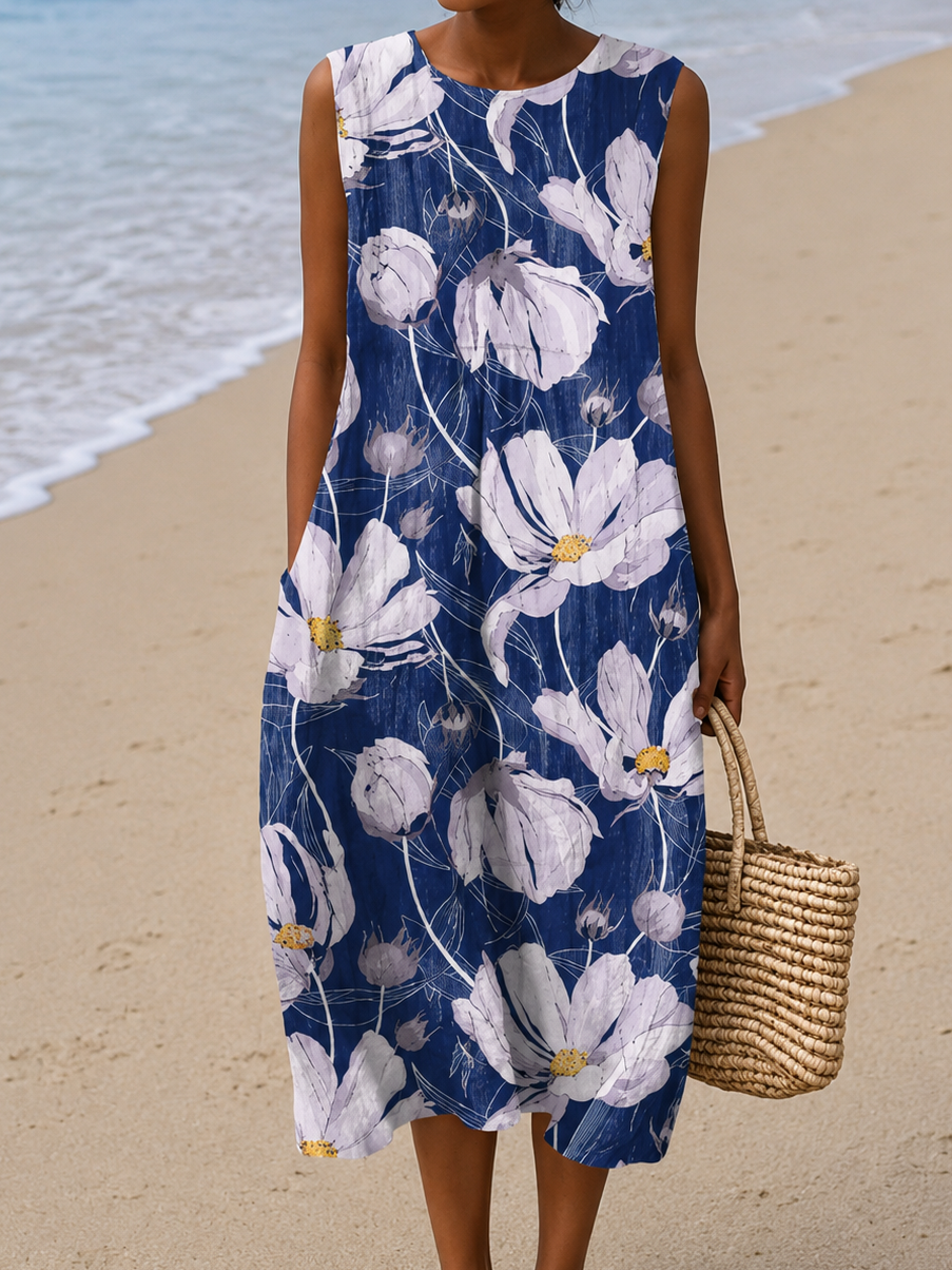 Alicia - Robe Midi de Plage Imprimée Sans Manches et Coupe Ample