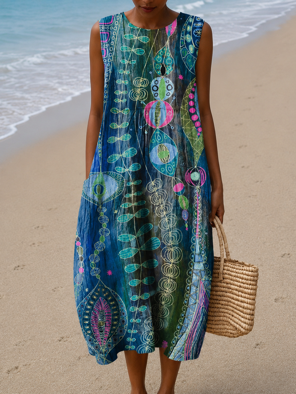 Ana - Robe Midi de Plage Imprimée Sans Manches et Coupe Ample