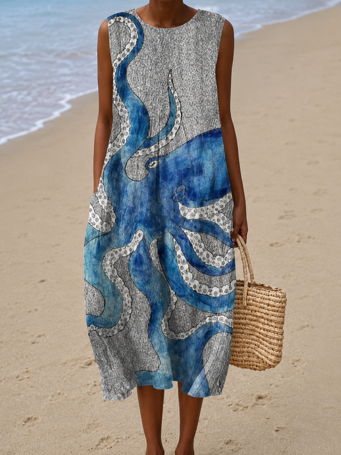 Carolina - Robe Midi de Plage Imprimée Sans Manches et Coupe Ample