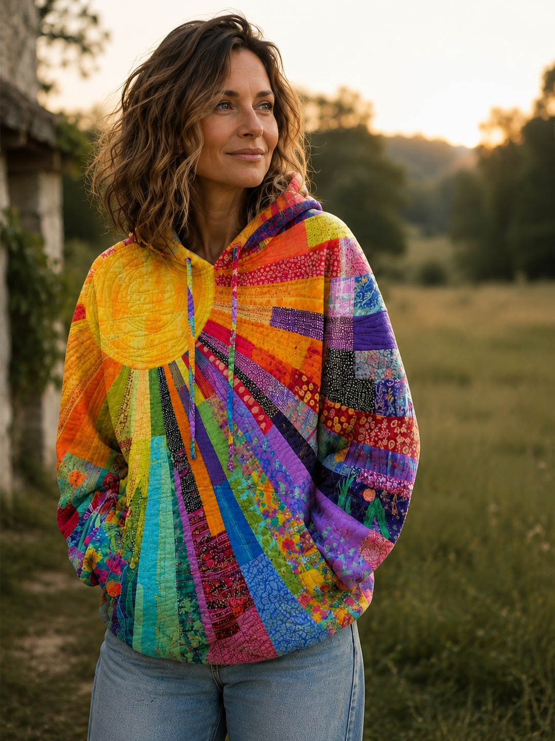 Sweat à capuche bohème en patchwork multicolore