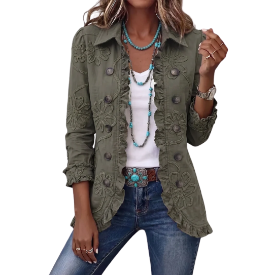 Kamberly™ | Veste utilitaire à fleurs style bohème chic avec finitions à volants