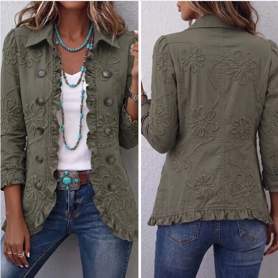 Kamberly™ | Veste utilitaire à fleurs style bohème chic avec finitions à volants