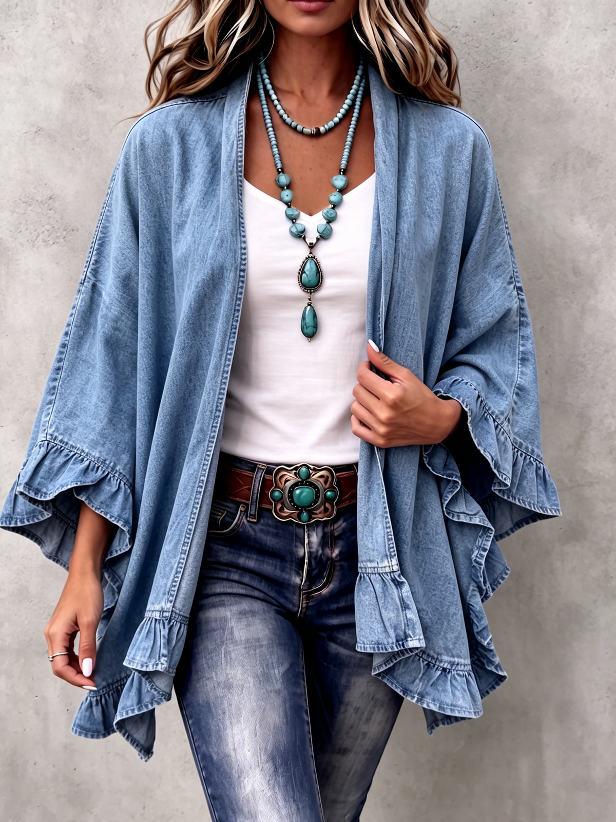 Corinne | Gilet en jean style bohème chic avec finitions à volants