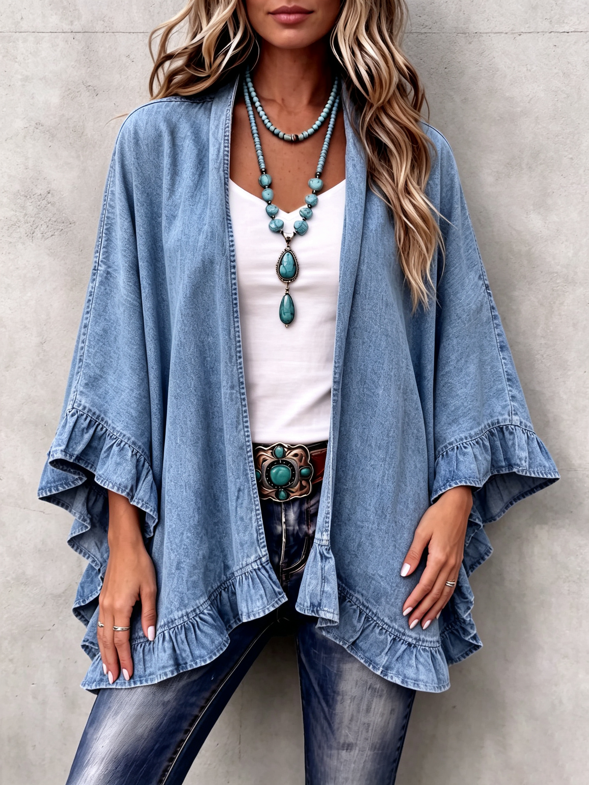 Corinne | Gilet en jean style bohème chic avec finitions à volants