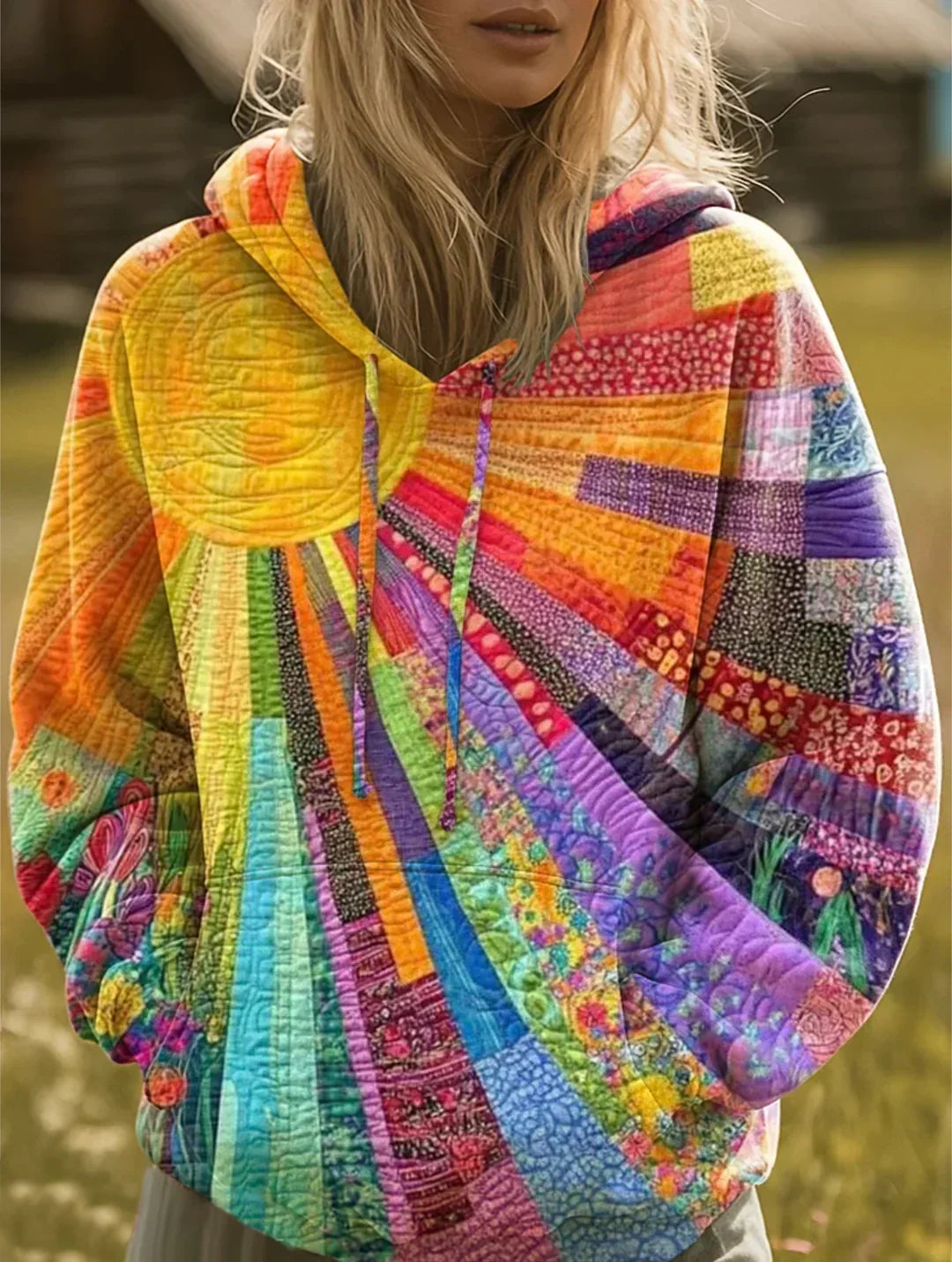 Sweat à capuche bohème en patchwork multicolore